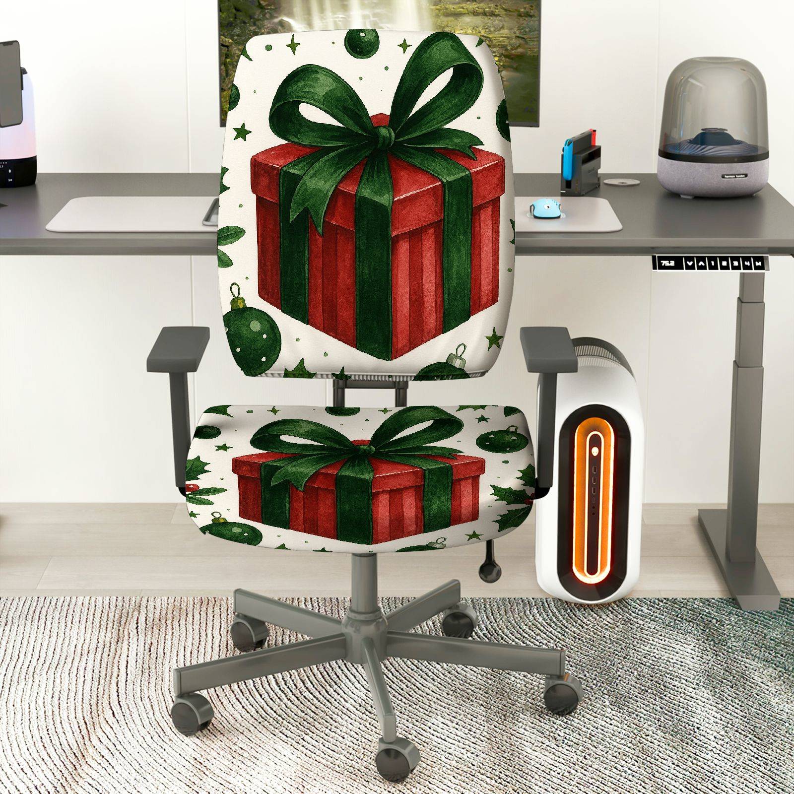 2-Piece Christmas Holiday Gift Bow Green Red  Computer Chair Cover Set, Seat and Backrest