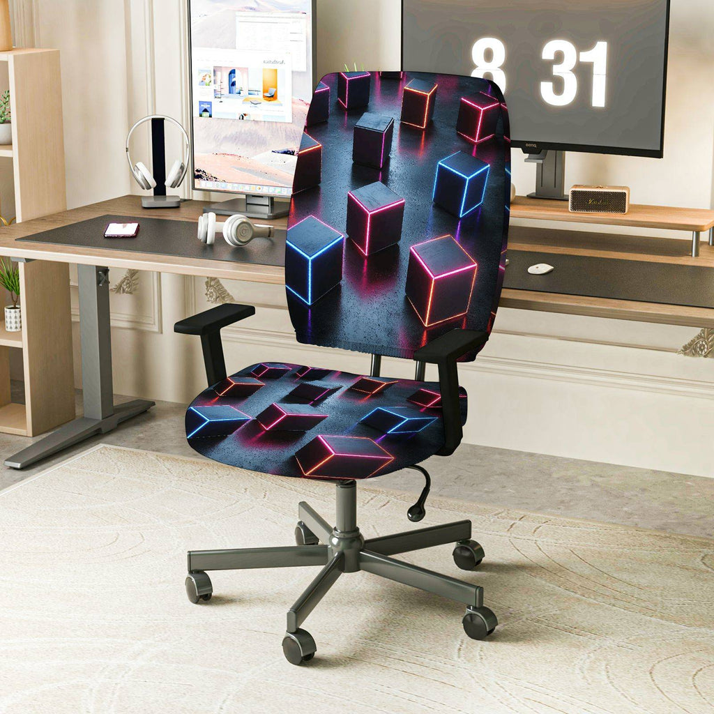 2-Piece Modern Digital Abstract Geometric Cube  Computer Chair Cover Set, Seat and Backrest