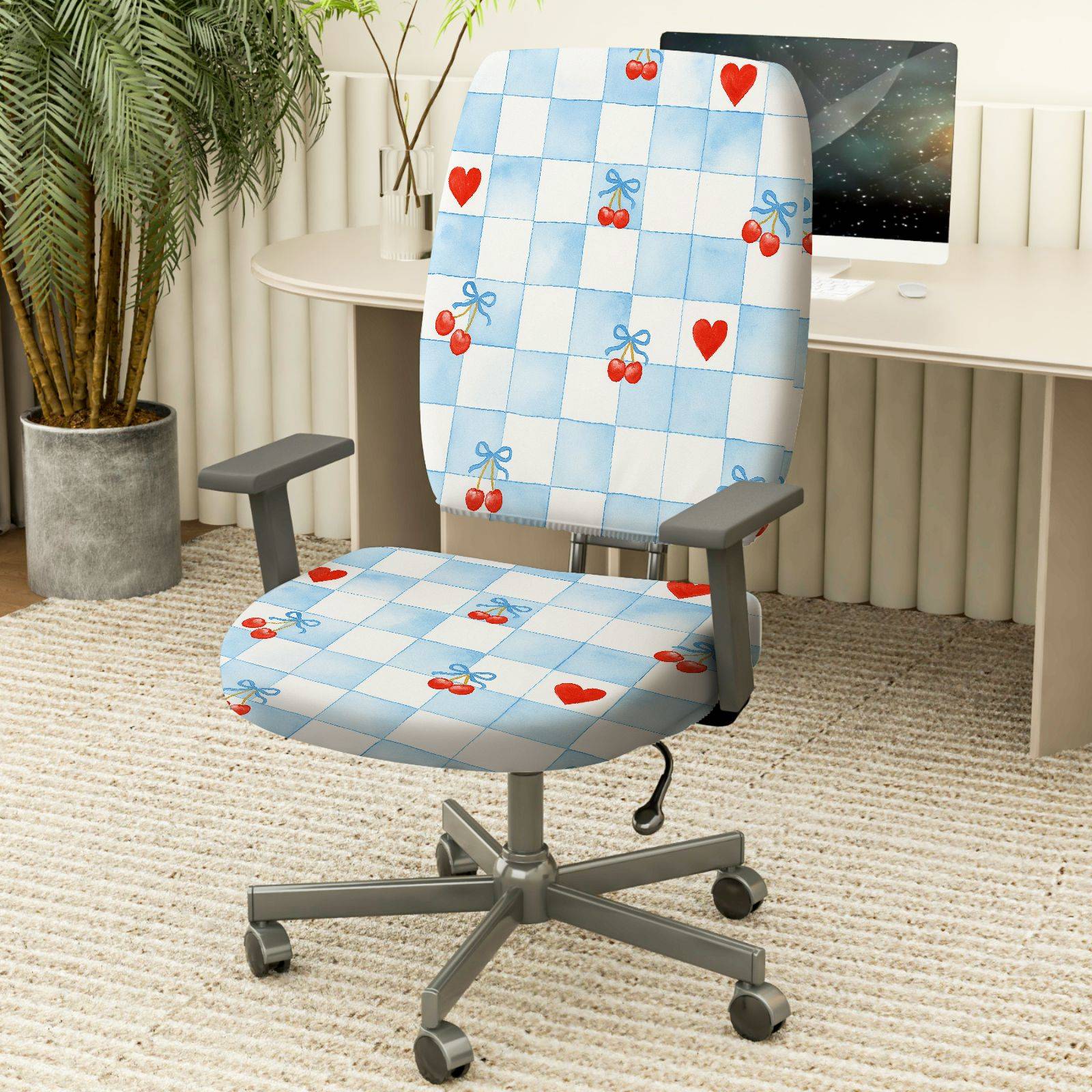 2-Piece Red Heart Cherry Bowknot Plaid  Computer Chair Cover Set, Seat and Backrest