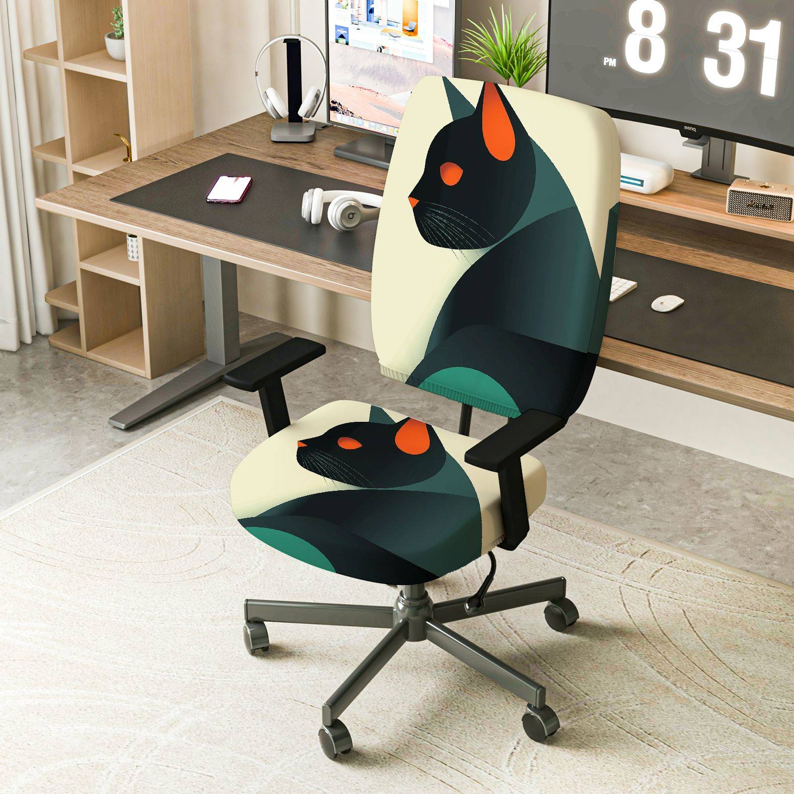 2-Piece Geometric Cat Modern Art Abstract Stylish Decorative  Computer Chair Cover Set, Seat and Backrest