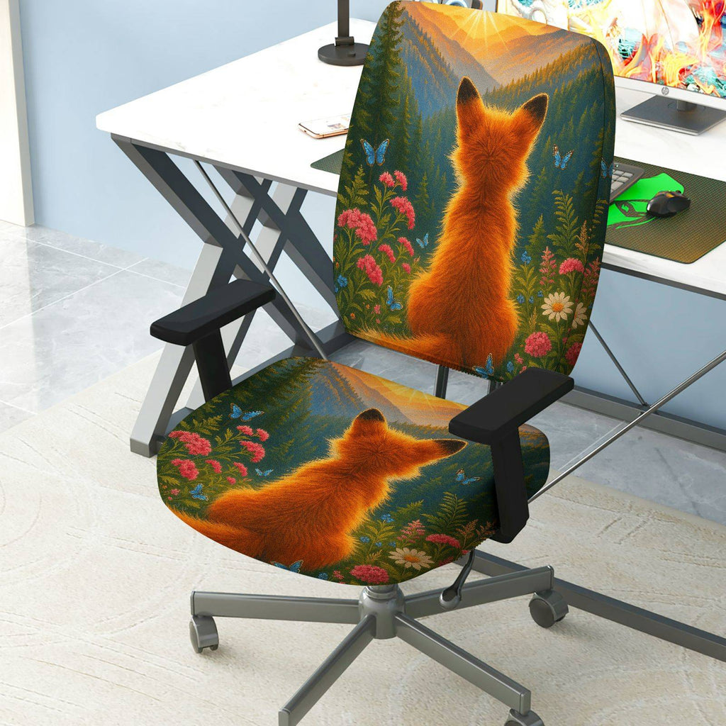 2-Piece Animal Forest Fox Nature Scenic Art  Computer Chair Cover Set, Seat and Backrest
