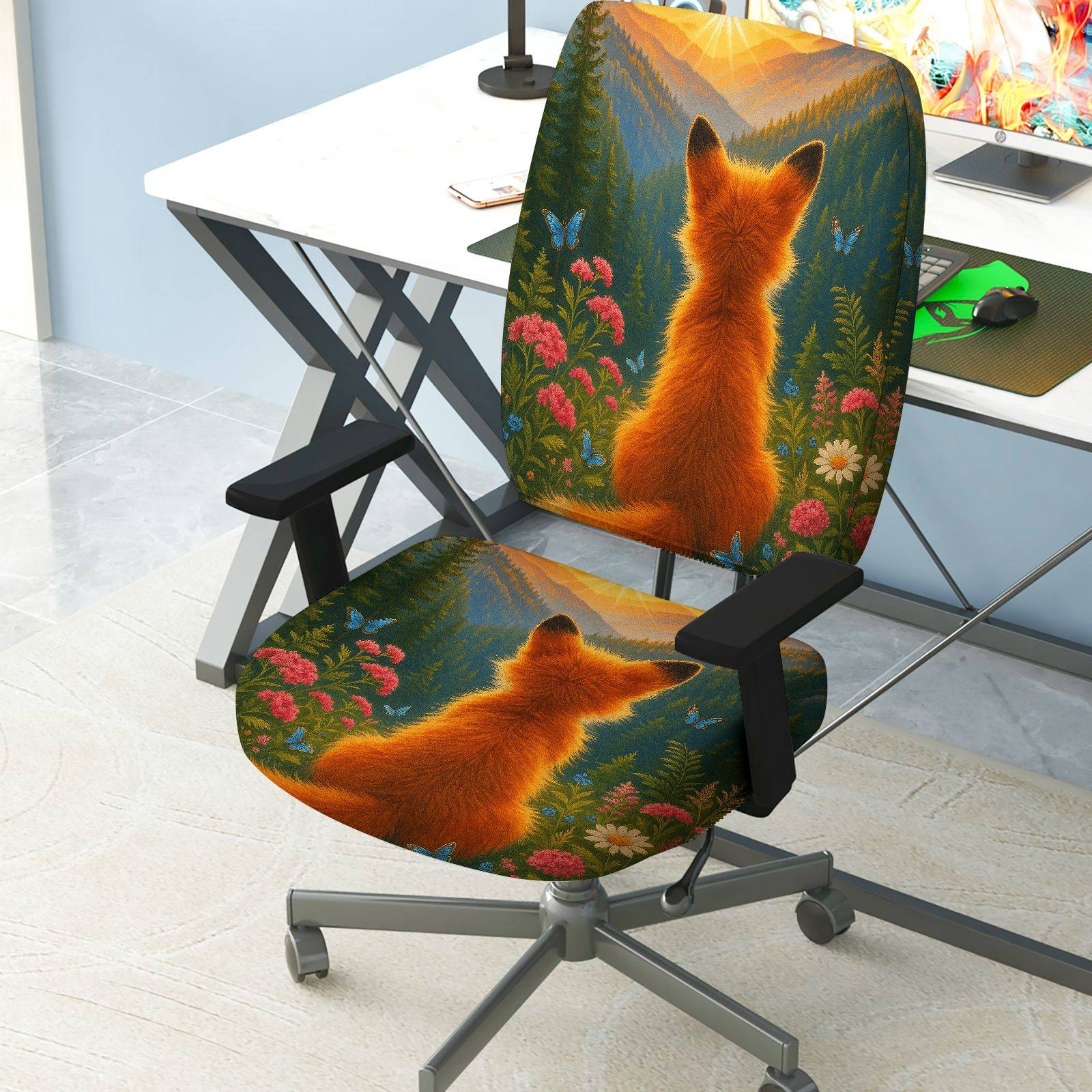 2-Piece Animal Forest Fox Nature Scenic Art  Computer Chair Cover Set, Seat and Backrest