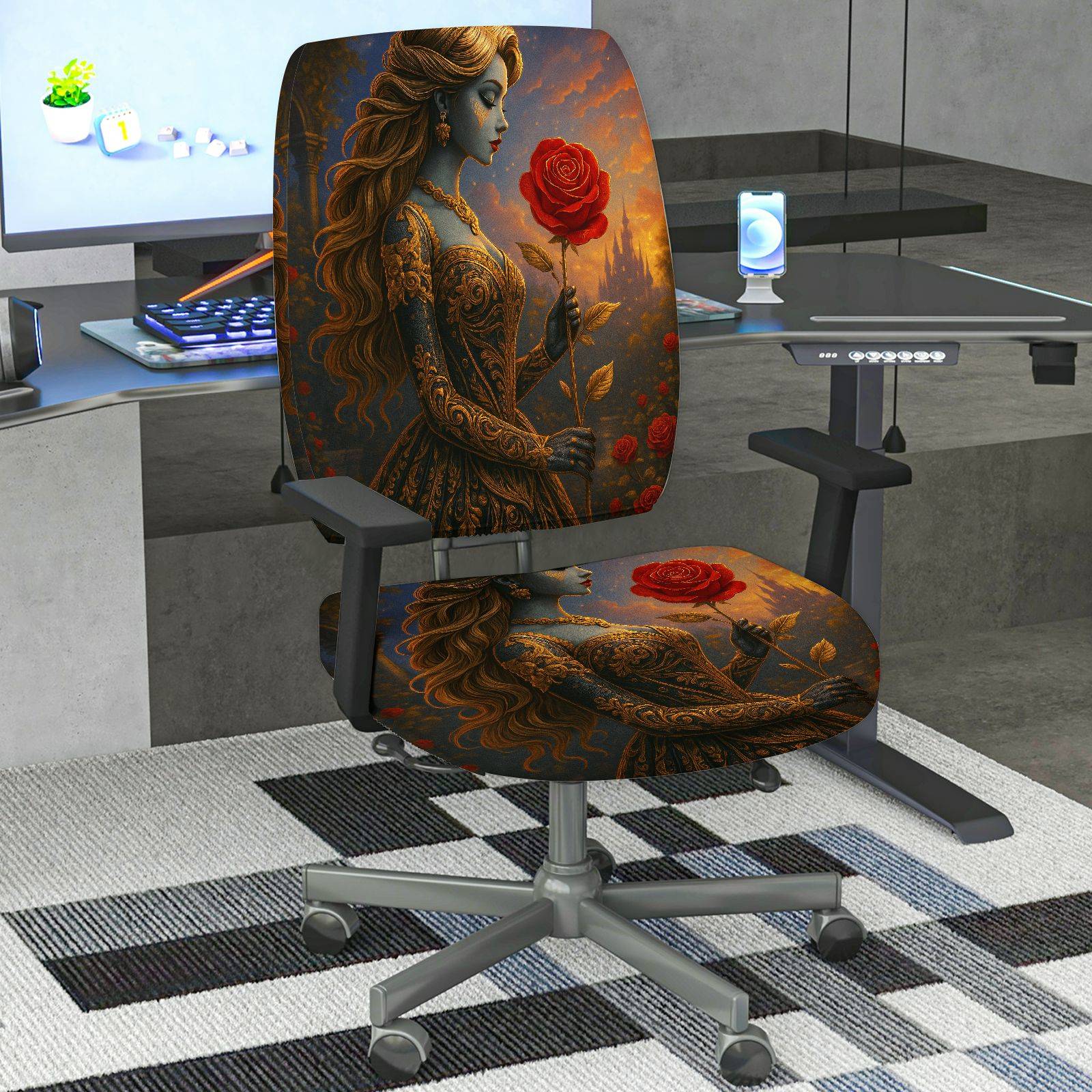 2-Piece Artistic Romantic Rose Woman Graphic  Computer Chair Cover Set, Seat and Backrest