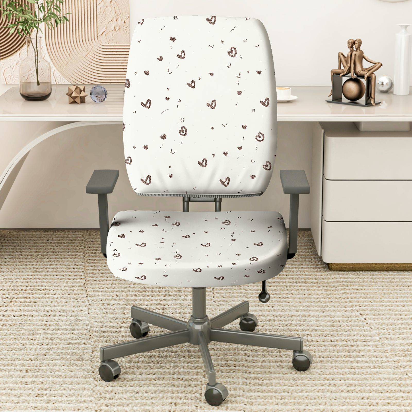2-Piece Cute Heart Pattern Printed Comfortable  Computer Chair Cover Set, Seat and Backrest