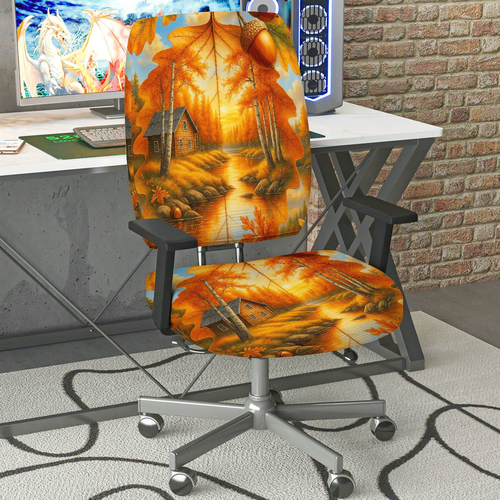 2-Piece Autumn Scenic Cottage Forest River Rustic  Computer Chair Cover Set, Seat and Backrest