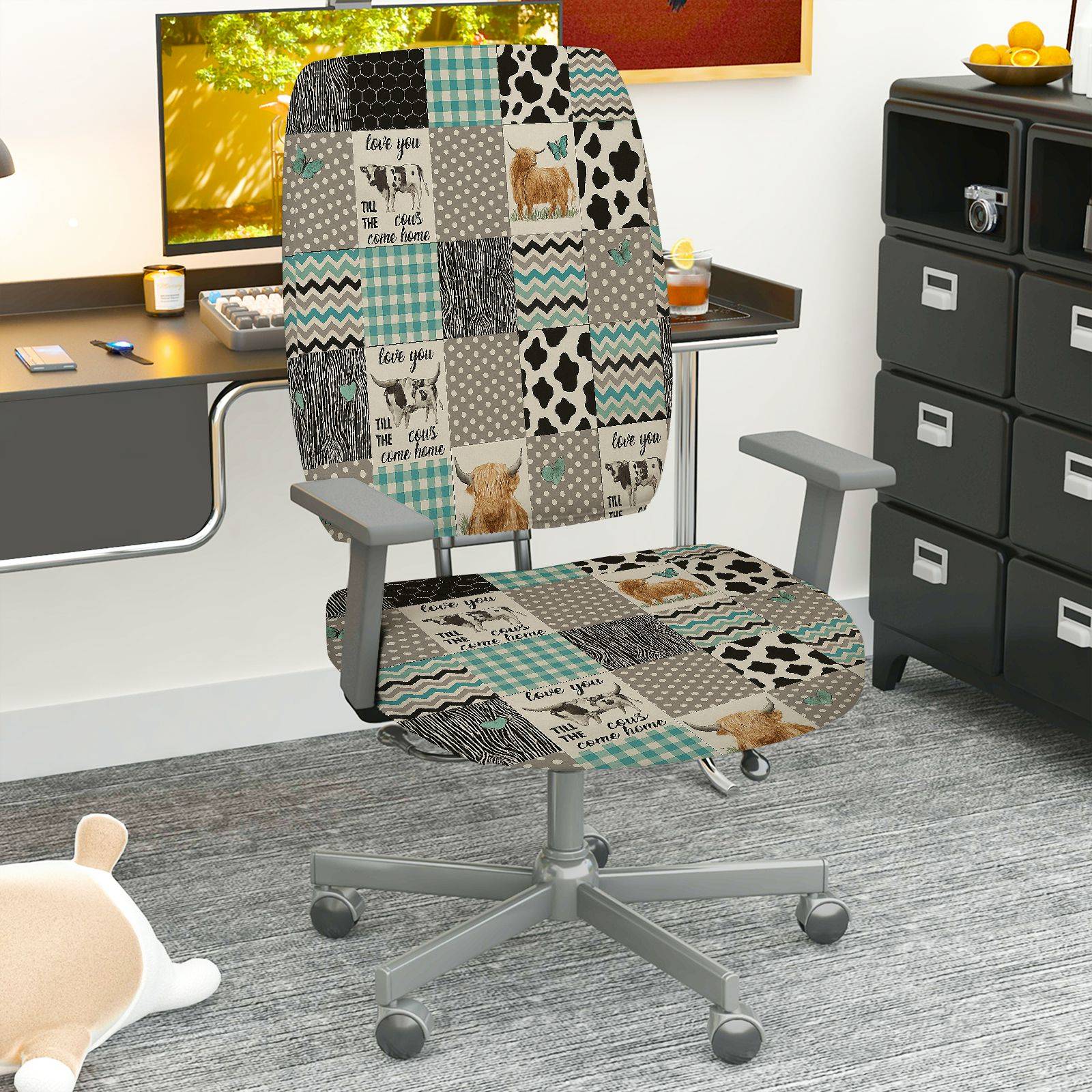 2-Piece Animal Farm Checkered Patchwork  Computer Chair Cover Set, Seat and Backrest