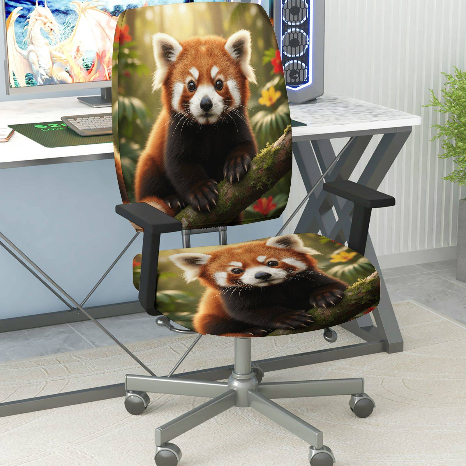2-Piece Adorable Red Panda Nature Whimsical Animal Woodland  Computer Chair Cover Set, Seat and Backrest