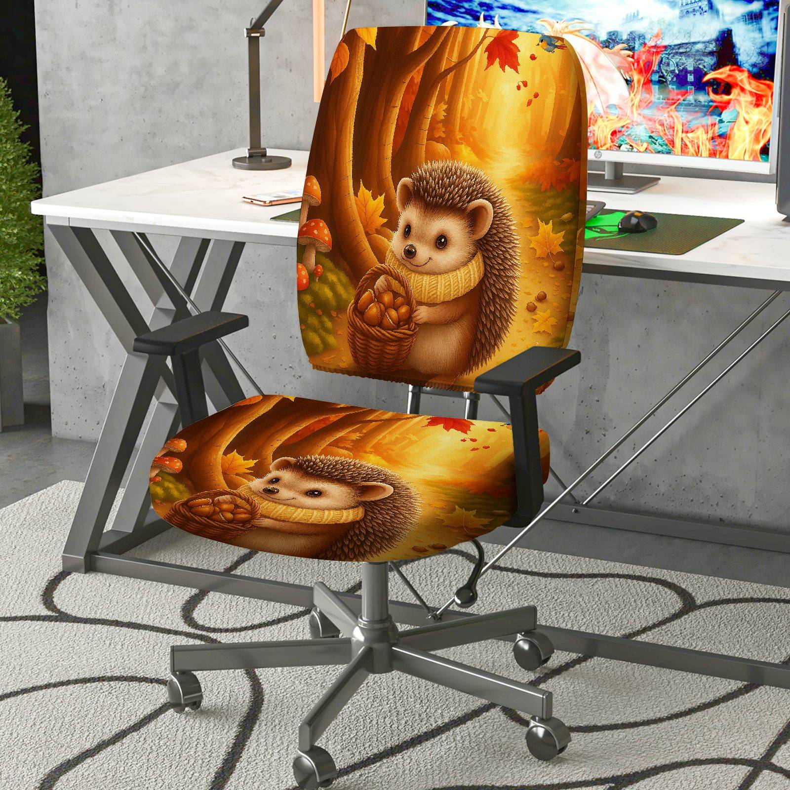 2-Piece Autumn Hedgehog Forest Leaves Harvest  Computer Chair Cover Set, Seat and Backrest