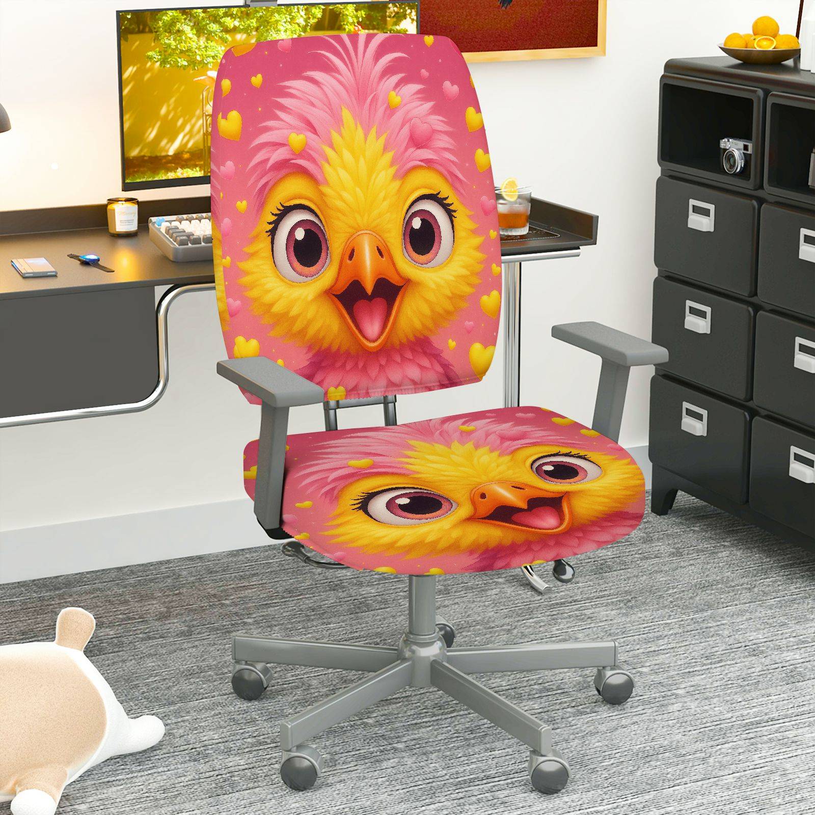 2-Piece Animal Pink Yellow Heart Cute  Computer Chair Cover Set, Seat and Backrest