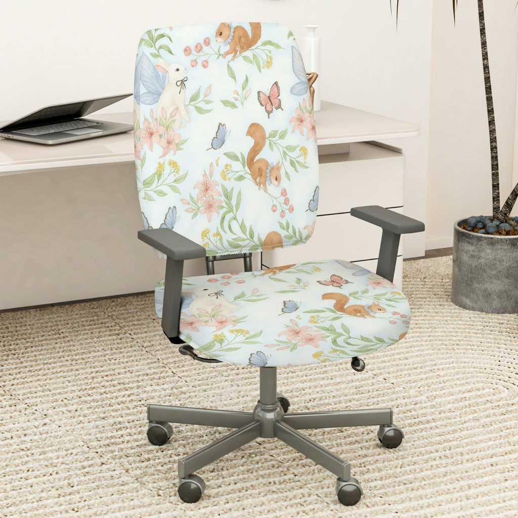 2-Piece Animal Floral Butterfly Squirrel Rabbit Spring  Computer Chair Cover Set, Seat and Backrest