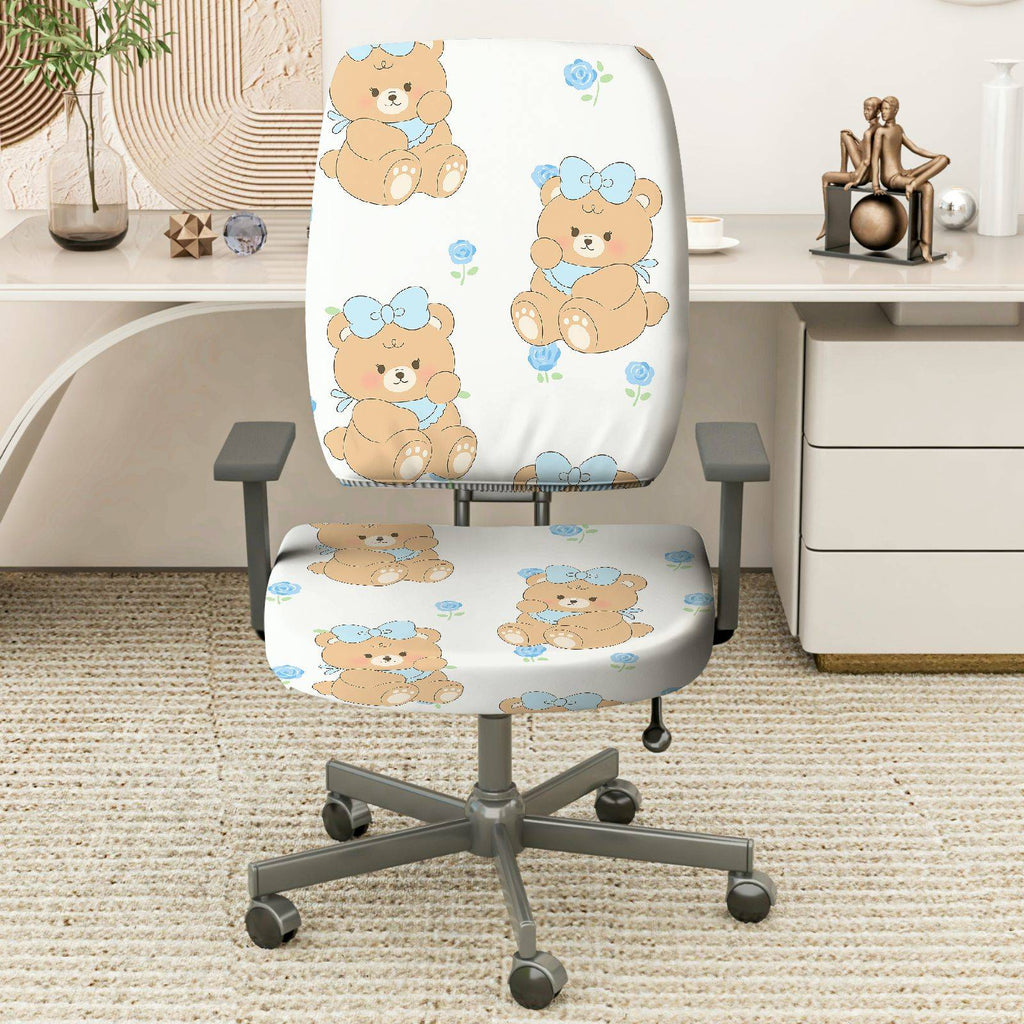 2-Piece Cute Bear Floral Decorative  Computer Chair Cover Set, Seat and Backrest