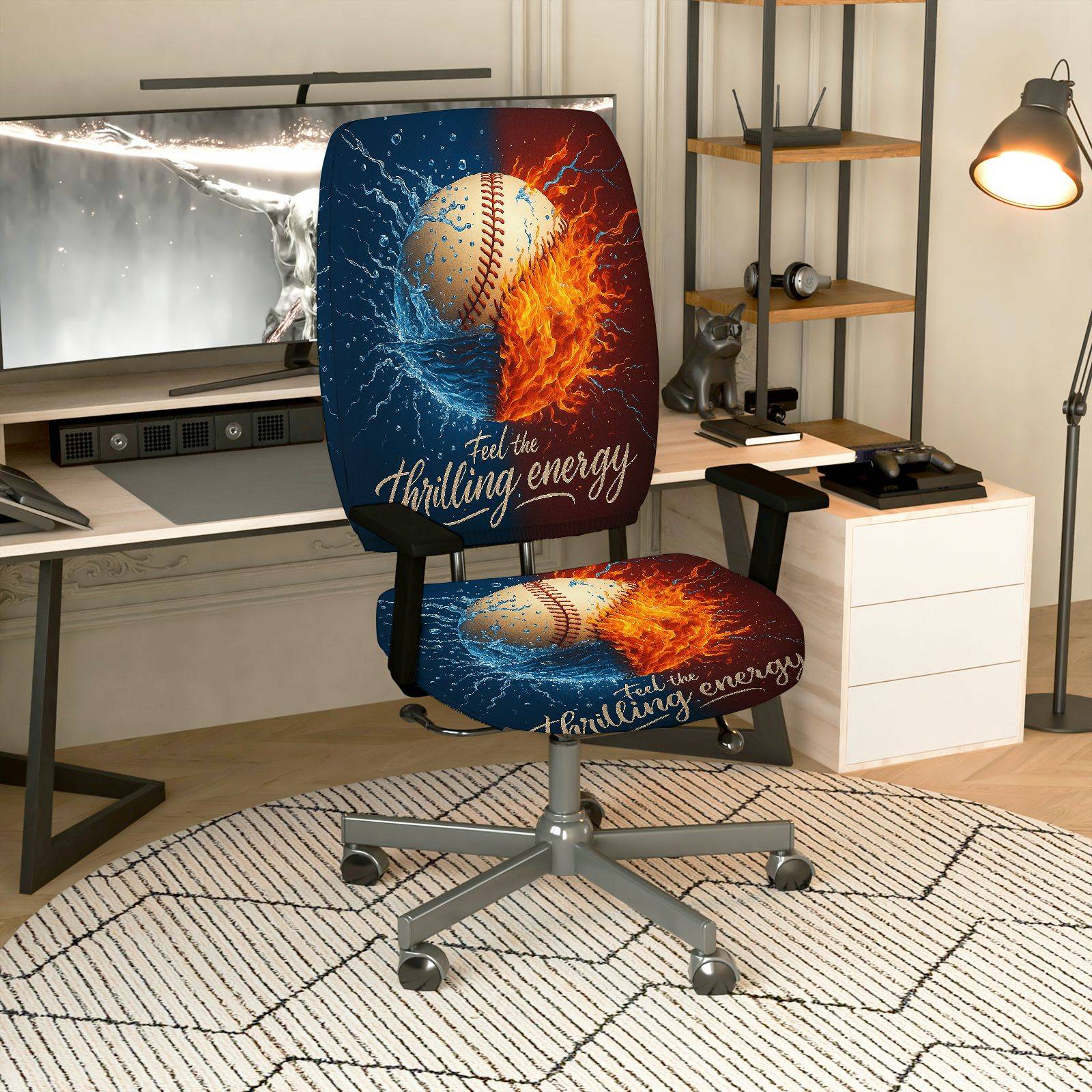 2-Piece Baseball Fire Water Energy Dynamic  Computer Chair Cover Set, Seat and Backrest
