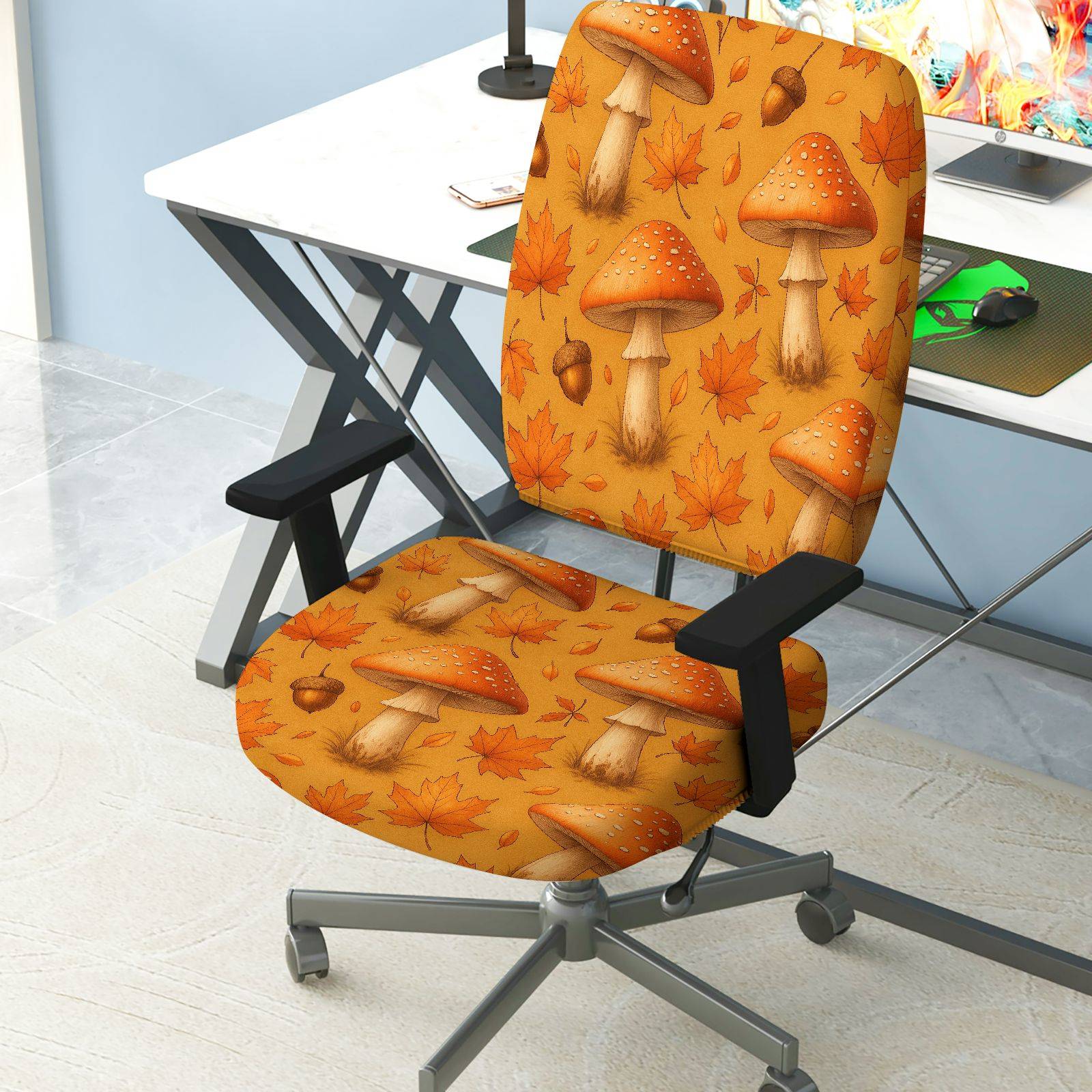 2-Piece Autumn Mushroom Acorn Maple Leaves Nature  Computer Chair Cover Set, Seat and Backrest