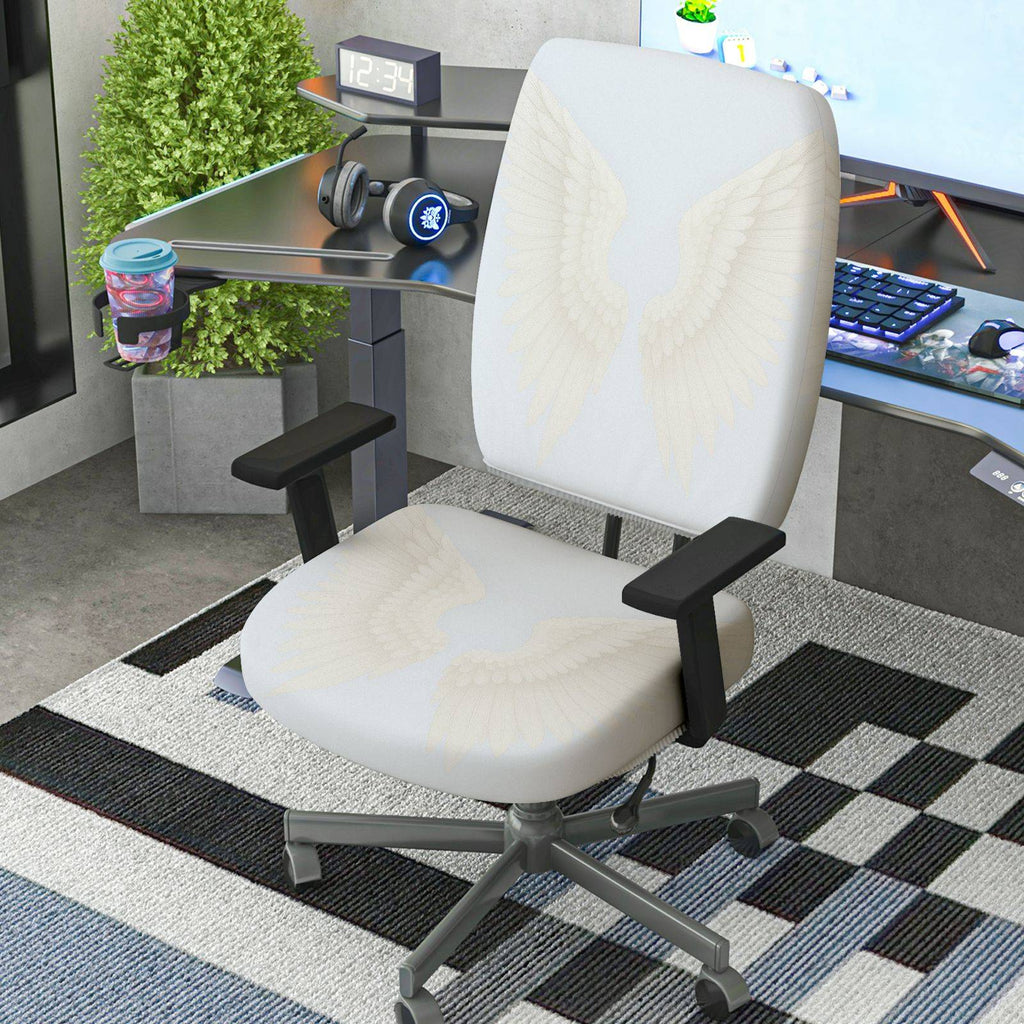 2-Piece Angel Wing Pattern White Elegant Decorative Stylish  Computer Chair Cover Set, Seat and Backrest