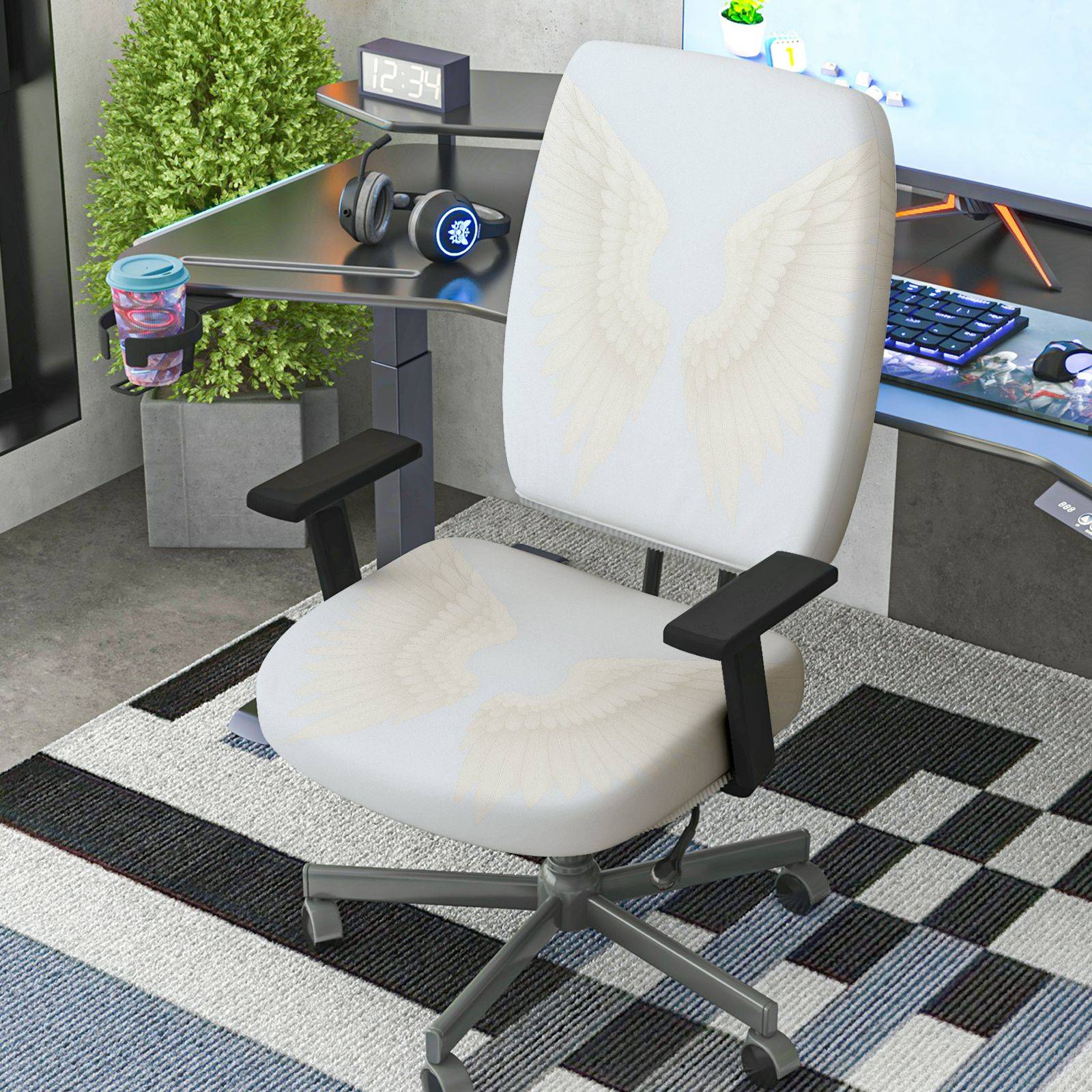2-Piece Angel Wing Pattern White Elegant Decorative Stylish  Computer Chair Cover Set, Seat and Backrest