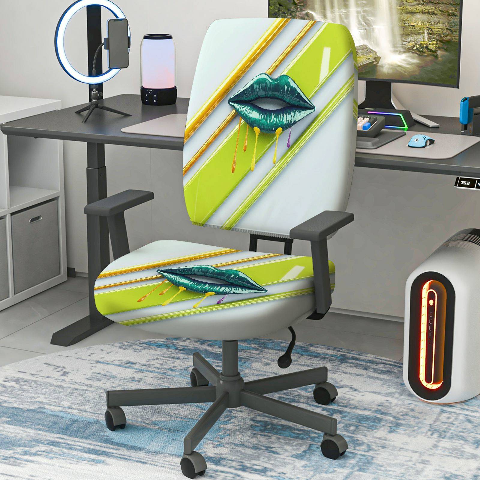 2-Piece Artistic Colorful Lips Stripes Green Yellow Print  Computer Chair Cover Set, Seat and Backrest