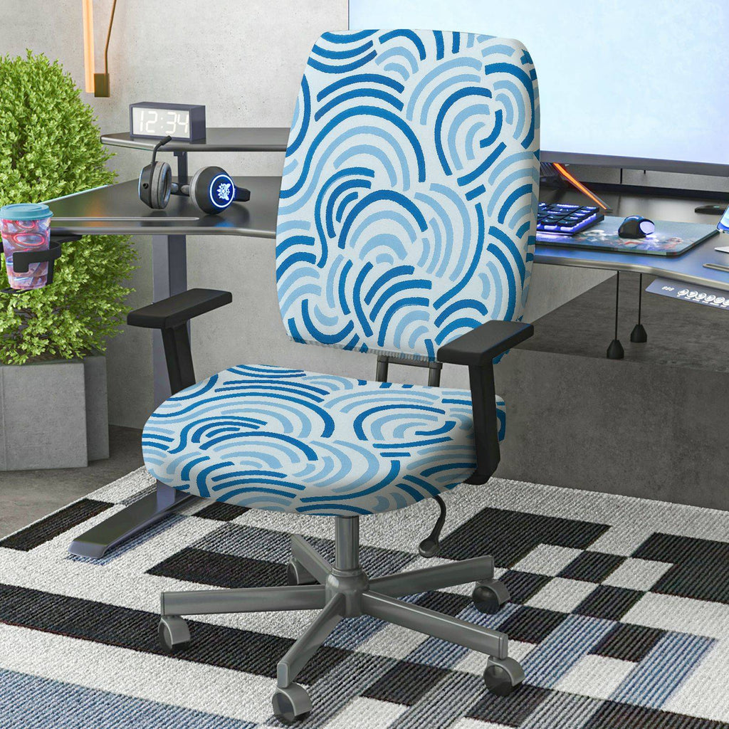 2-Piece Abstract Geometric Blue Wave Pattern  Computer Chair Cover Set, Seat and Backrest