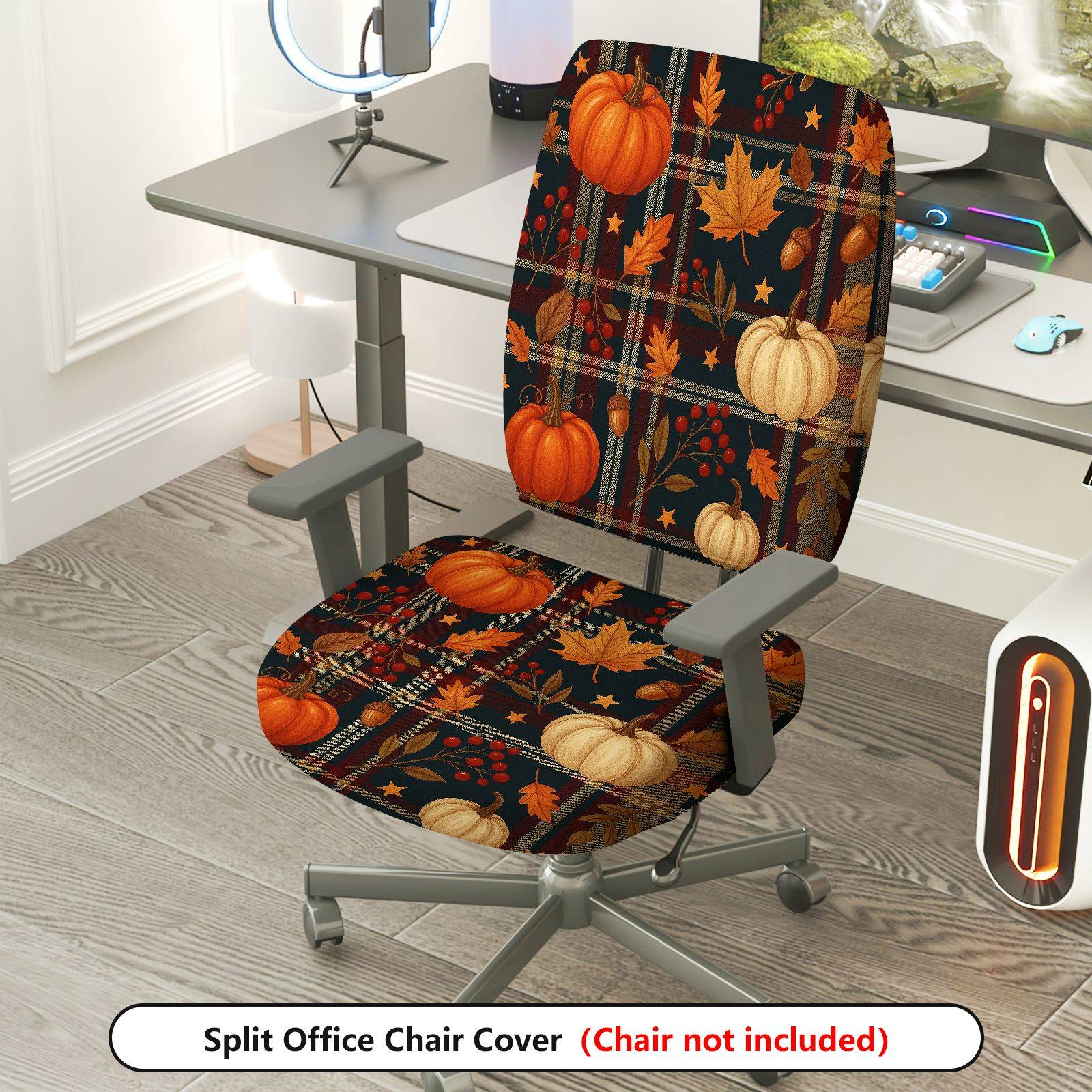 2-Piece Autumn Thanksgiving Pumpkin Leaves Acorn Berry  Computer Chair Cover Set, Seat and Backrest