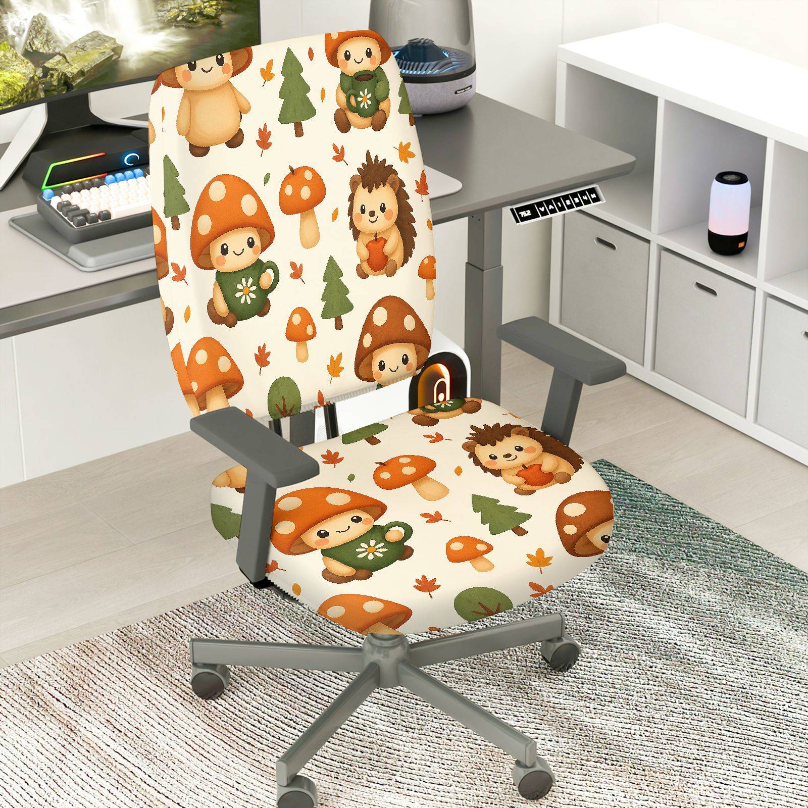 2-Piece Cute Forest Animal Mushroom Tree Hedgehog  Computer Chair Cover Set, Seat and Backrest