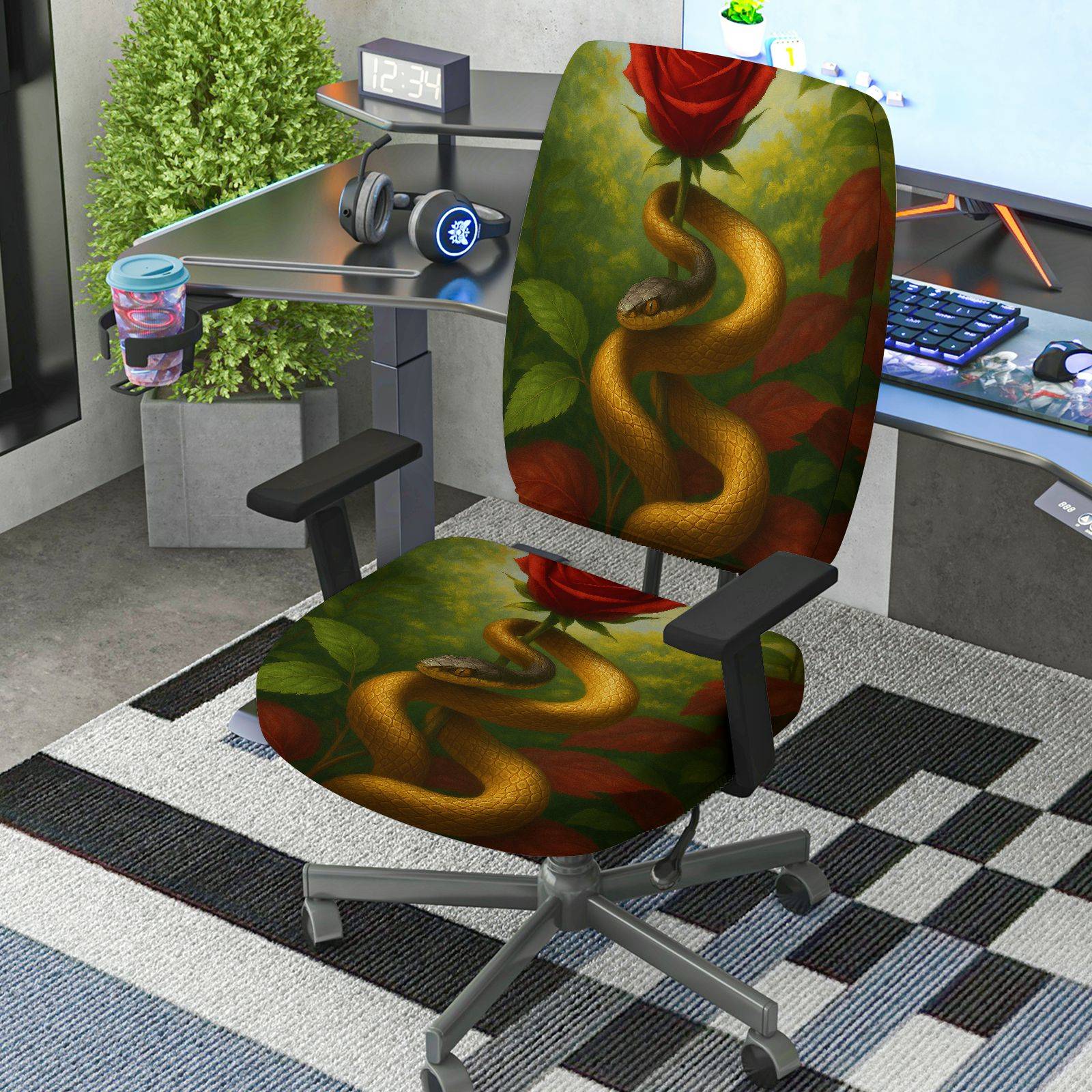 2-Piece Artistic Snake Rose Nature Decorative Vibrant  Computer Chair Cover Set, Seat and Backrest