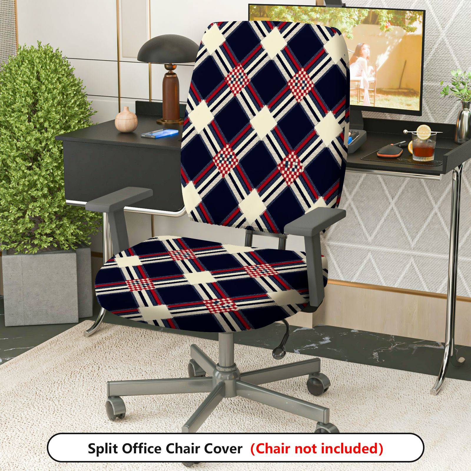 2-Piece Argyle Plaid Geometric Classic Decorative  Computer Chair Cover Set, Seat and Backrest