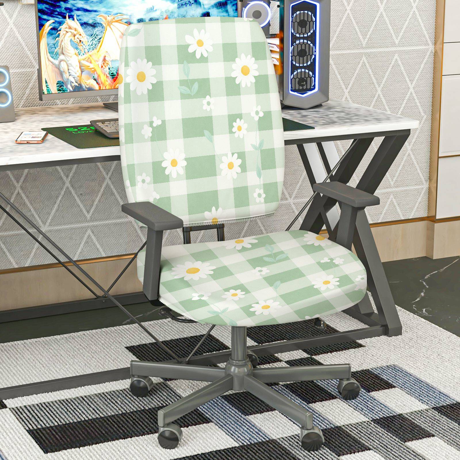 2-Piece Green Checkered Daisy Floral Pattern Spring  Computer Chair Cover Set, Seat and Backrest