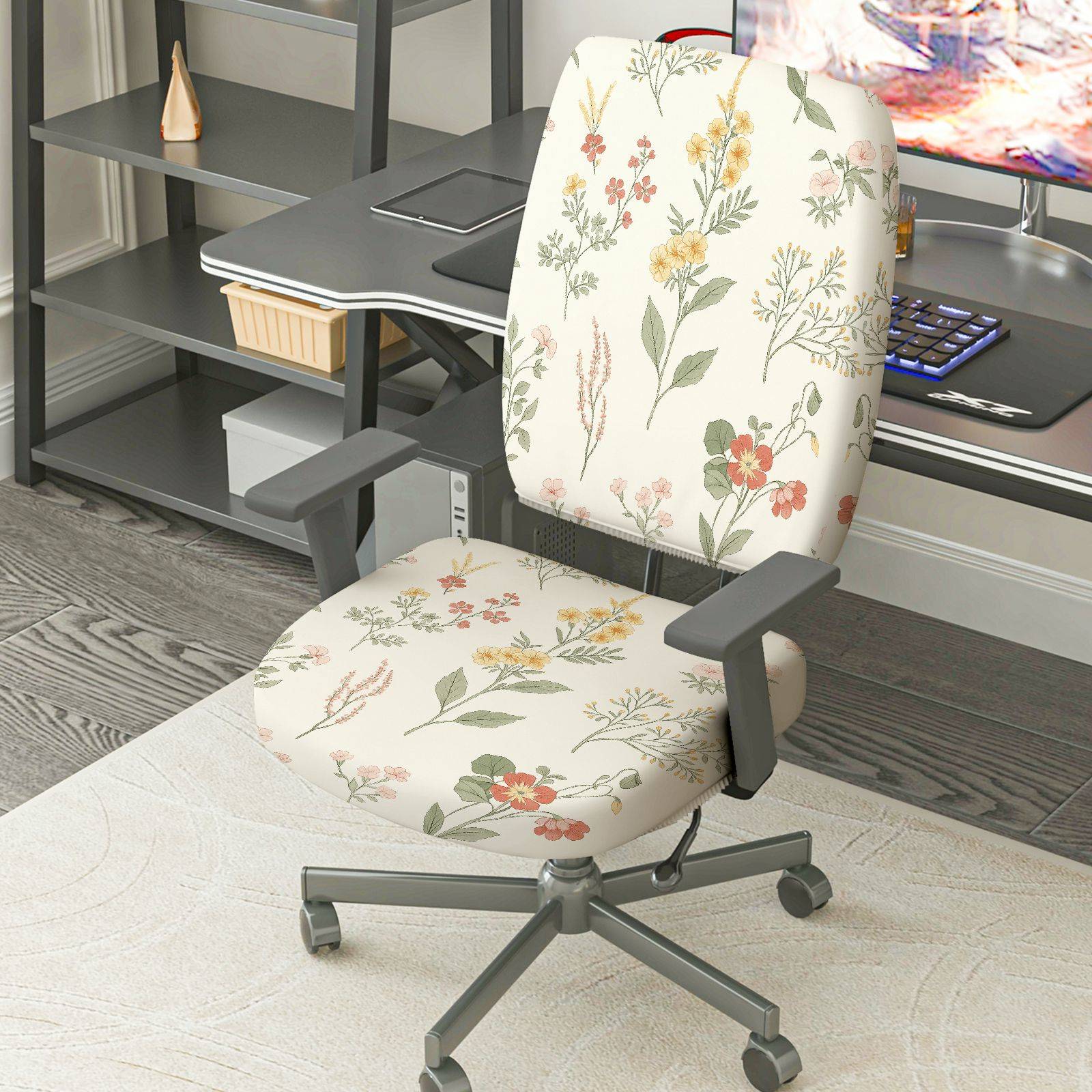 2-Piece Floral Pattern Nature Inspired Decorative Colorful  Computer Chair Cover Set, Seat and Backrest