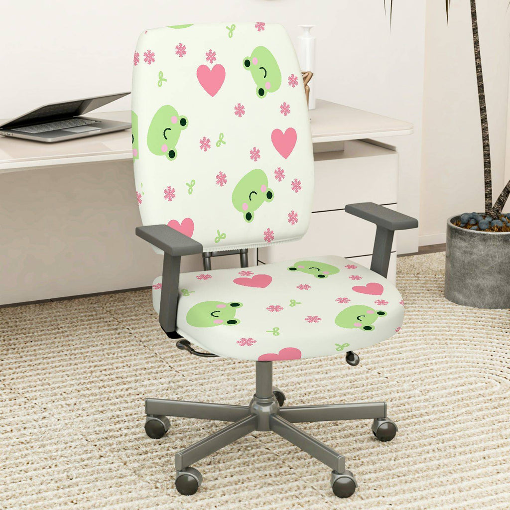 2-Piece Cute Frog Heart Flower  Computer Chair Cover Set, Seat and Backrest