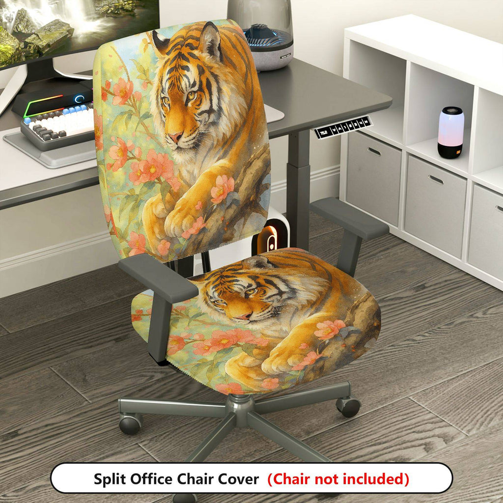 2-Piece Animal Tiger Floral Nature Art  Computer Chair Cover Set, Seat and Backrest
