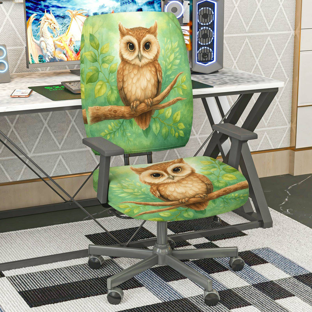 2-Piece Owl Nature Green Art Animal Forest  Computer Chair Cover Set, Seat and Backrest