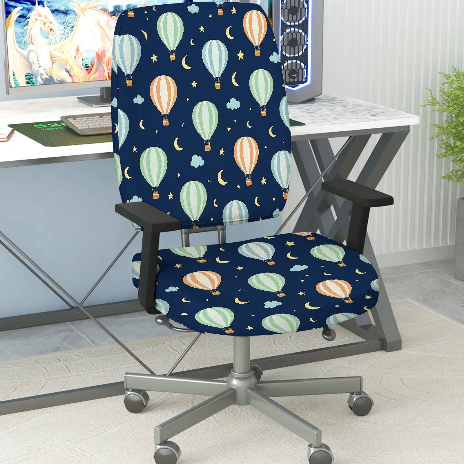 2-Piece Balloon Night Sky Cloud Moon Star  Computer Chair Cover Set, Seat and Backrest