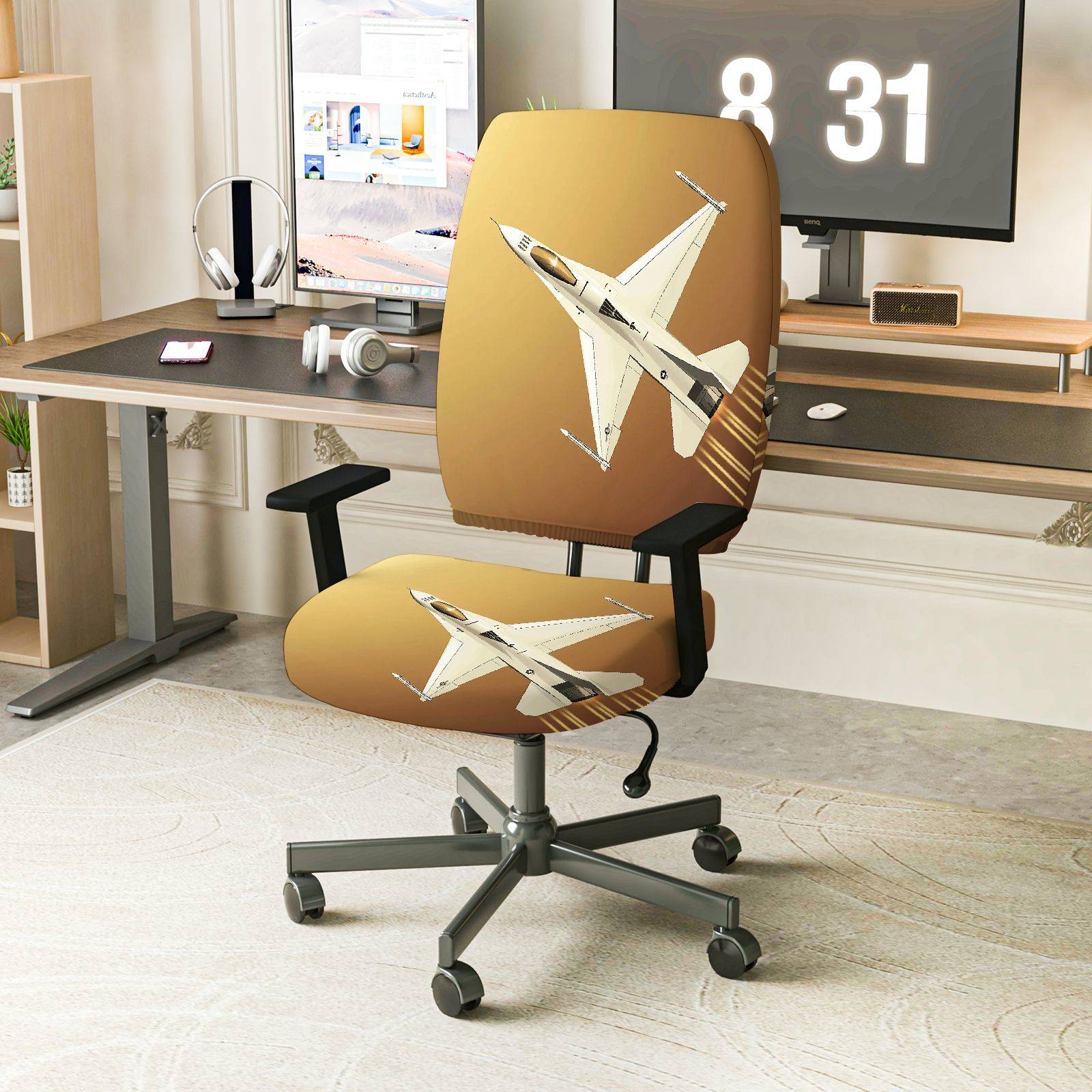 2-Piece Aviation Fighter Jet Airplane Pattern Gold Modern Cool  Computer Chair Cover Set, Seat and Backrest