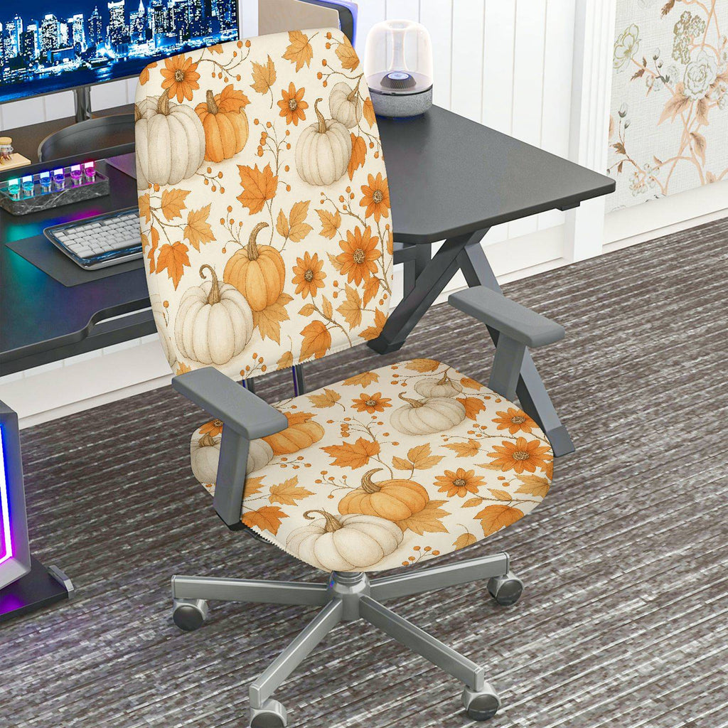 2-Piece Autumn Pumpkin Leaves Floral Thanksgiving  Computer Chair Cover Set, Seat and Backrest