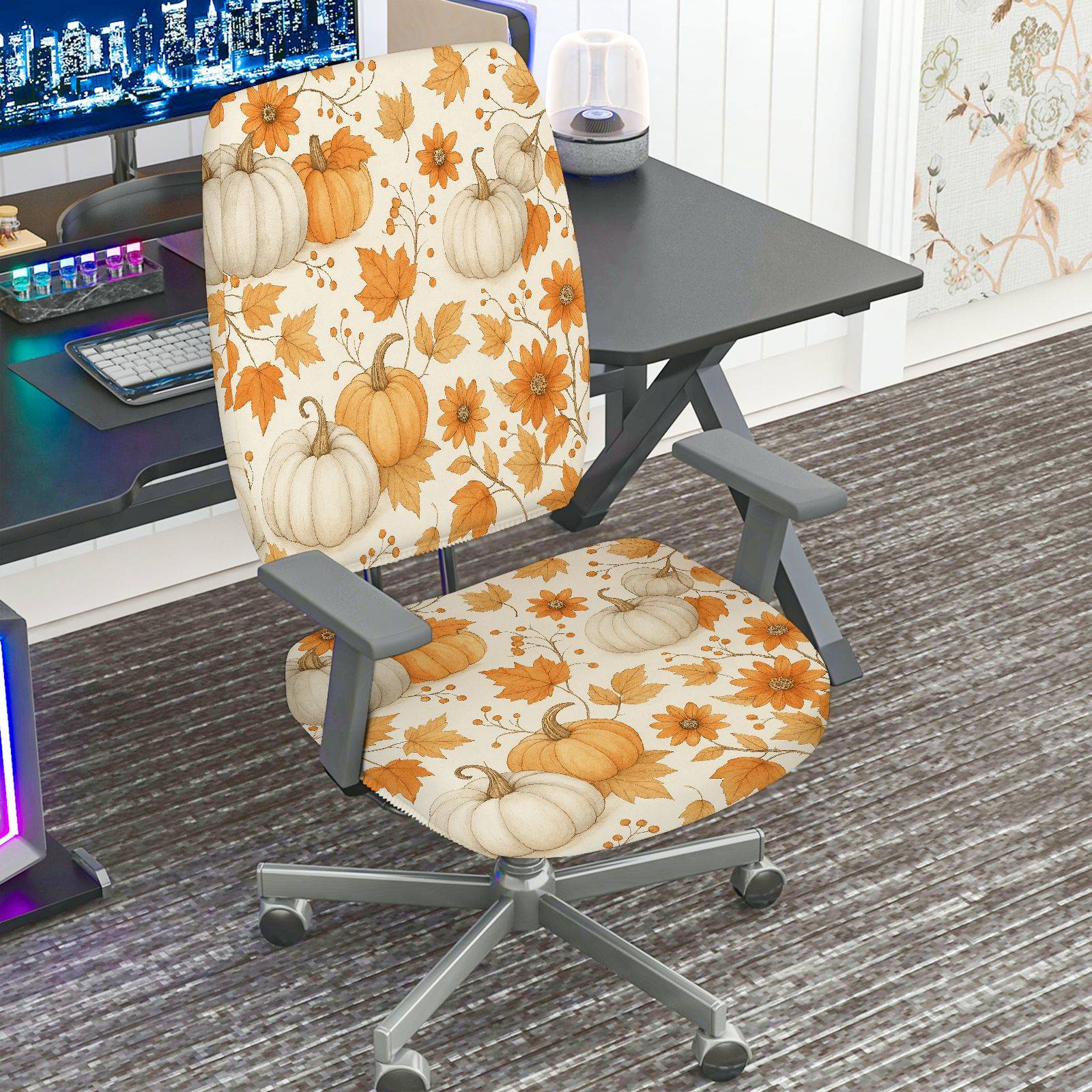 2-Piece Autumn Pumpkin Leaves Floral Thanksgiving  Computer Chair Cover Set, Seat and Backrest