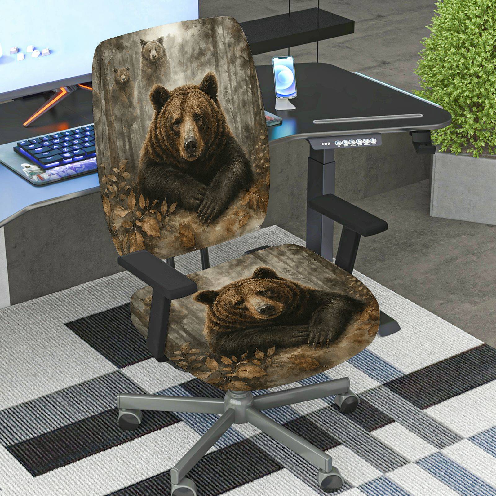 2-Piece Animal Forest Bear Nature Design  Computer Chair Cover Set, Seat and Backrest