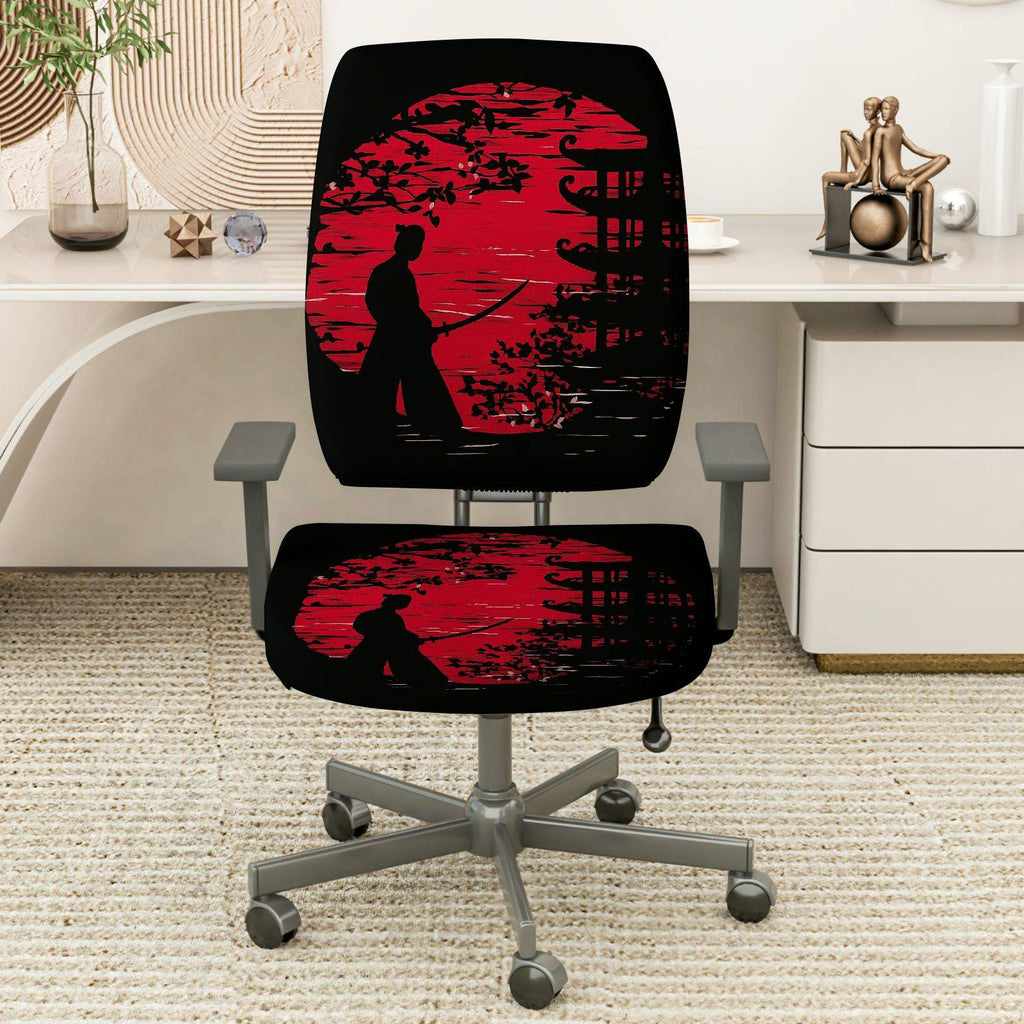 2-Piece Samurai Sunset Japanese Art Red Black  Computer Chair Cover Set, Seat and Backrest