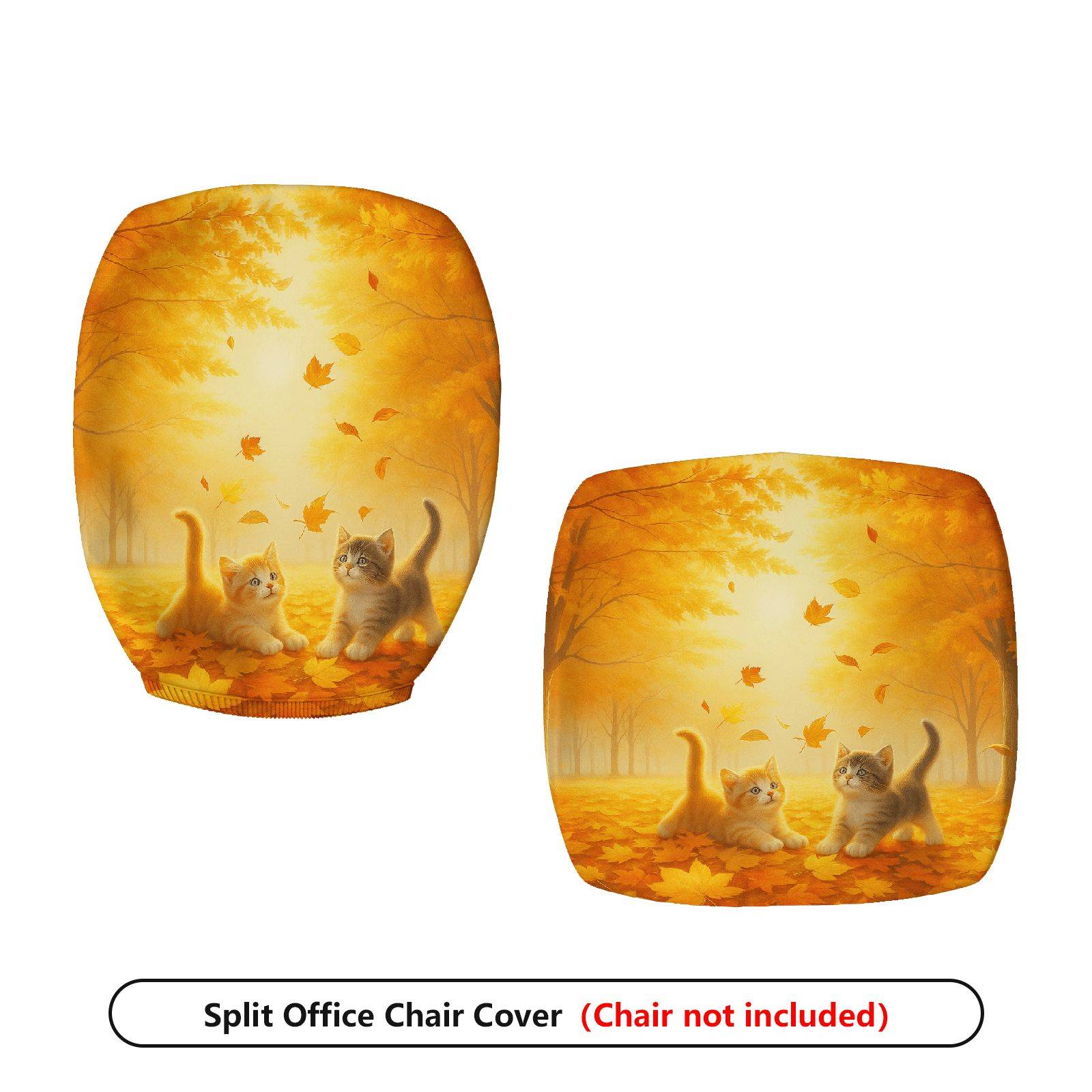 2-Piece Autumn Leaves Cat Forest Nature Fall  Computer Chair Cover Set, Seat and Backrest