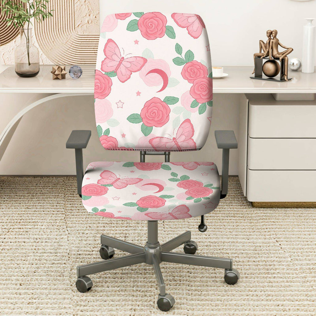 2-Piece Rose Butterfly Moon Star Artistic Floral  Computer Chair Cover Set, Seat and Backrest