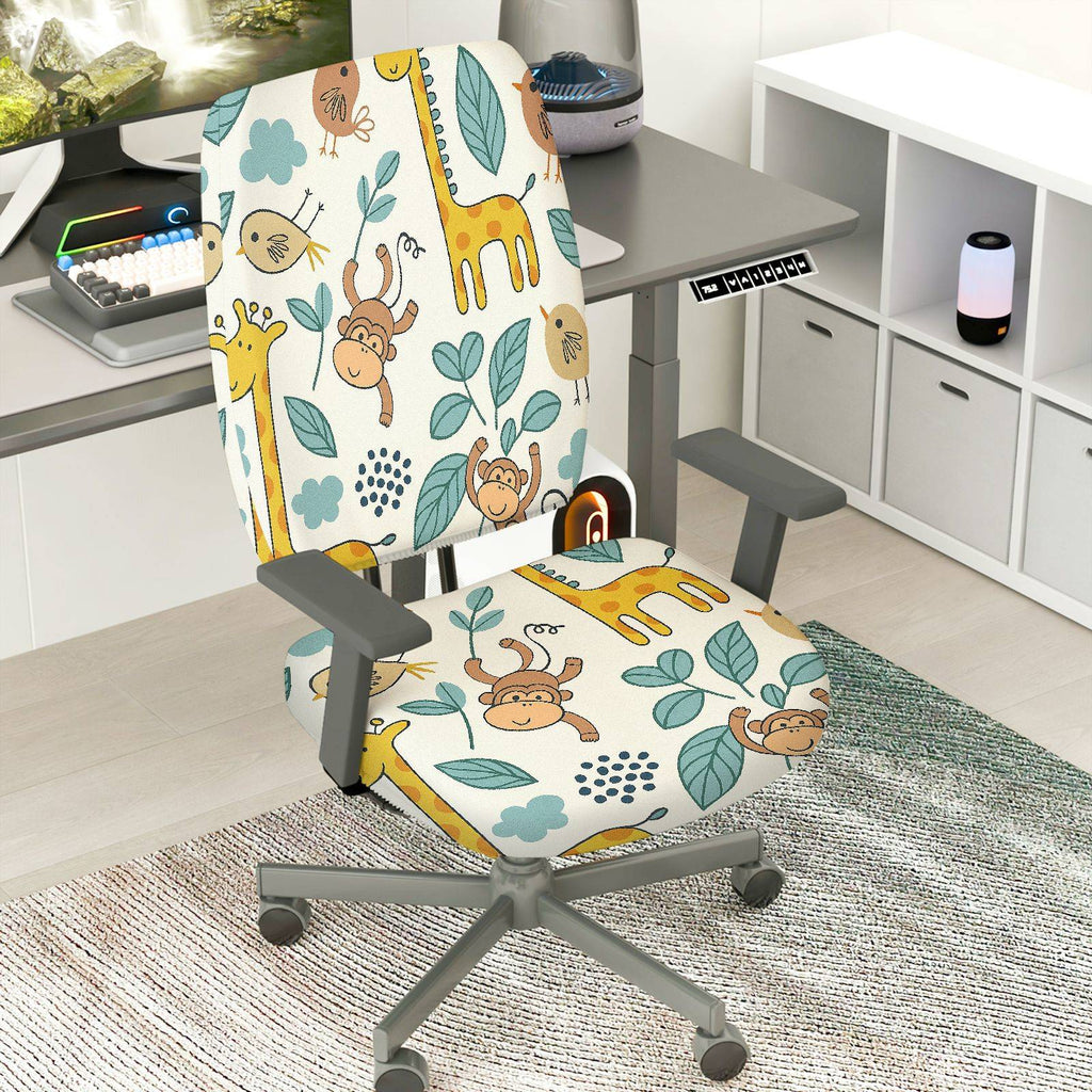 2-Piece Animal Jungle Monkey Giraffe Floral Leaf  Computer Chair Cover Set, Seat and Backrest