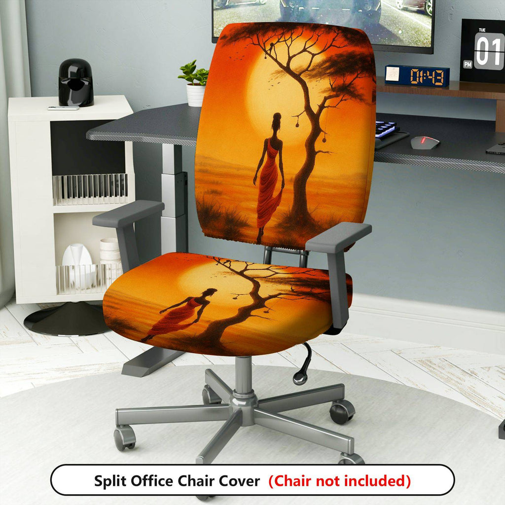 2-Piece African Sunset Woman Art Landscape Tree  Computer Chair Cover Set, Seat and Backrest