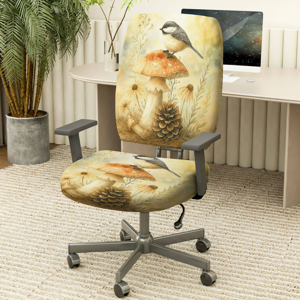 2-Piece Autumn Nature Bird Mushroom Pinecone Botanical  Computer Chair Cover Set, Seat and Backrest