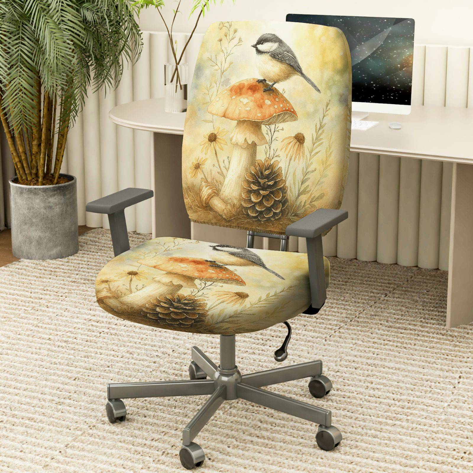 2-Piece Autumn Nature Bird Mushroom Pinecone Botanical  Computer Chair Cover Set, Seat and Backrest