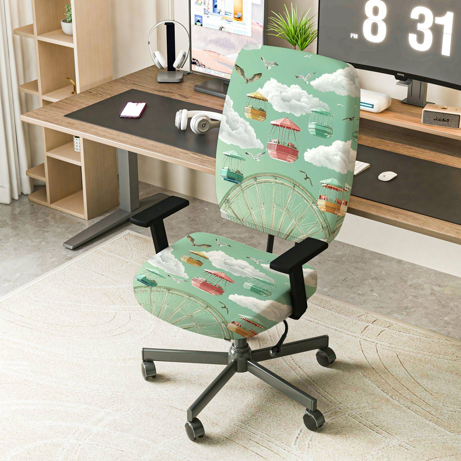 2-Piece Amusement Park Ferris Wheel Clouds Birds Festive  Computer Chair Cover Set, Seat and Backrest