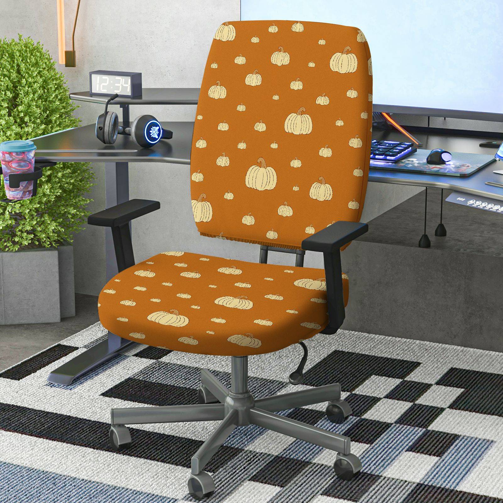 2-Piece Autumn Fall Pumpkin Harvest Printed  Computer Chair Cover Set, Seat and Backrest