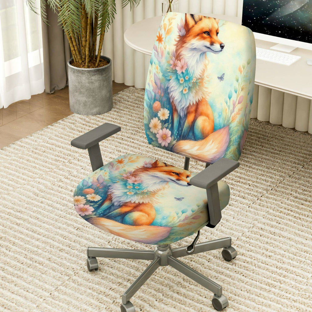 2-Piece Fox Floral Nature Artistic Decorative Animal  Computer Chair Cover Set, Seat and Backrest