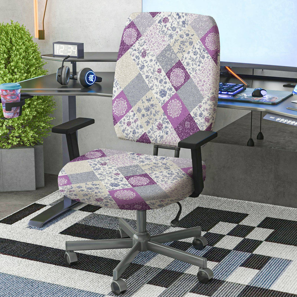 2-Piece Abstract Floral Plaid Purple Quilted  Computer Chair Cover Set, Seat and Backrest