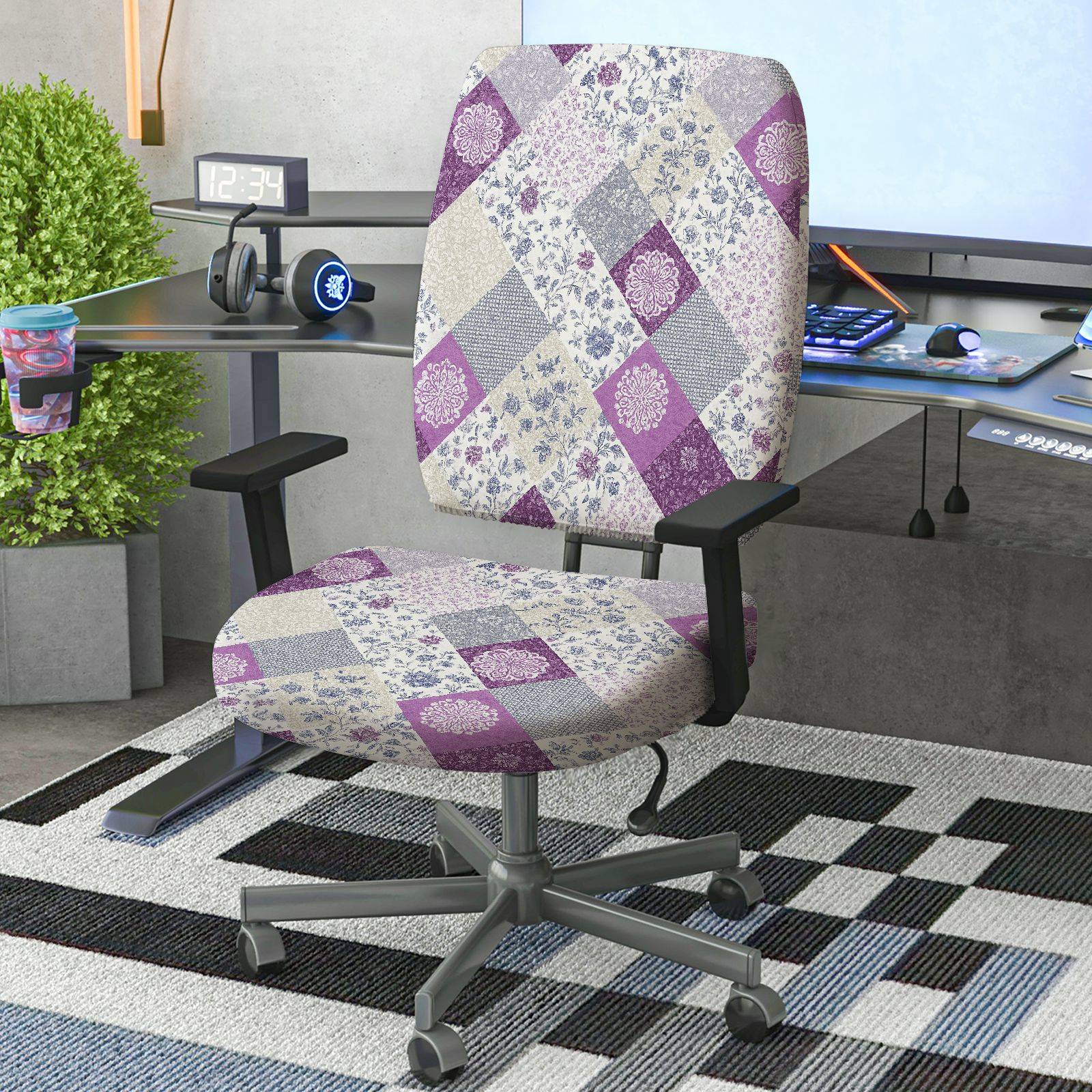 2-Piece Abstract Floral Plaid Purple Quilted  Computer Chair Cover Set, Seat and Backrest