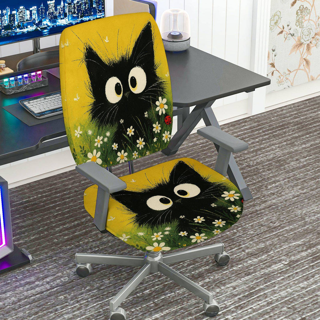 2-Piece Animal Floral Pattern Black Cat  Computer Chair Cover Set, Seat and Backrest
