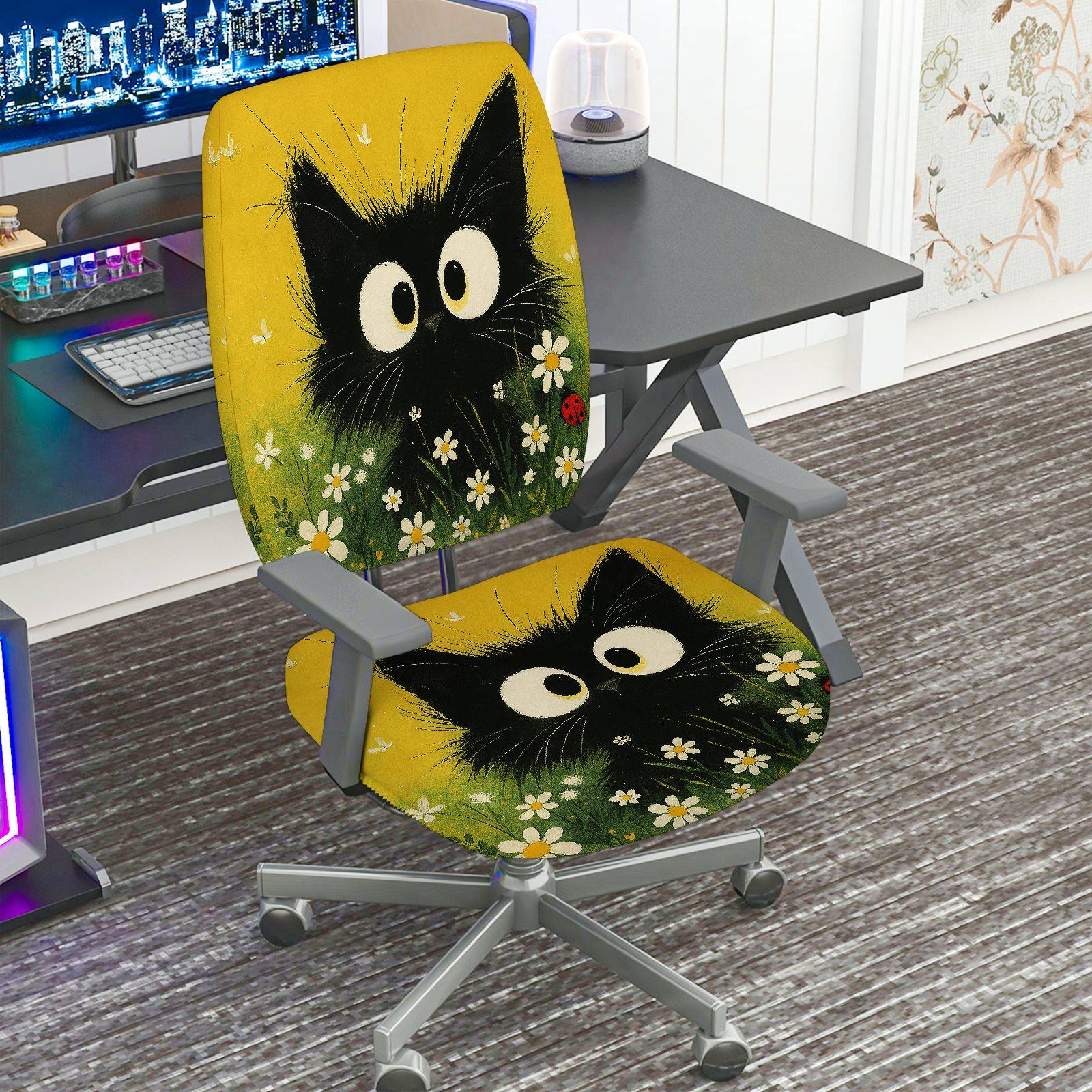 2-Piece Animal Floral Pattern Black Cat  Computer Chair Cover Set, Seat and Backrest
