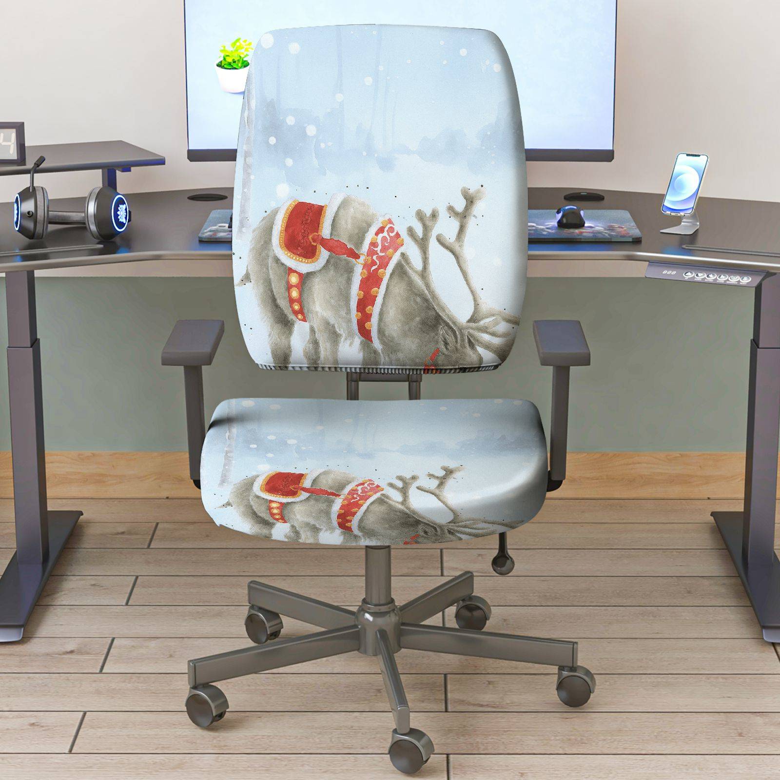 2-Piece Christmas Reindeer Winter Snow Decoration  Computer Chair Cover Set, Seat and Backrest